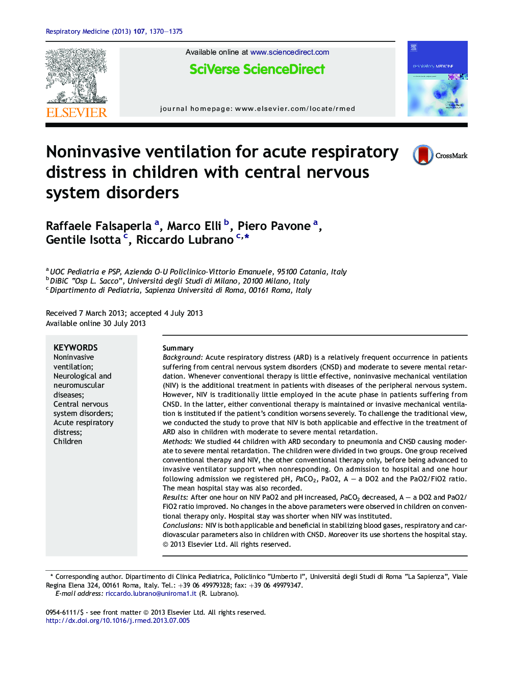 Noninvasive ventilation for acute respiratory distress in children with central nervous system disorders