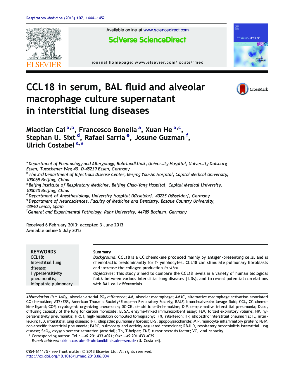 CCL18 in serum, BAL fluid and alveolar macrophage culture supernatant inÂ interstitial lung diseases