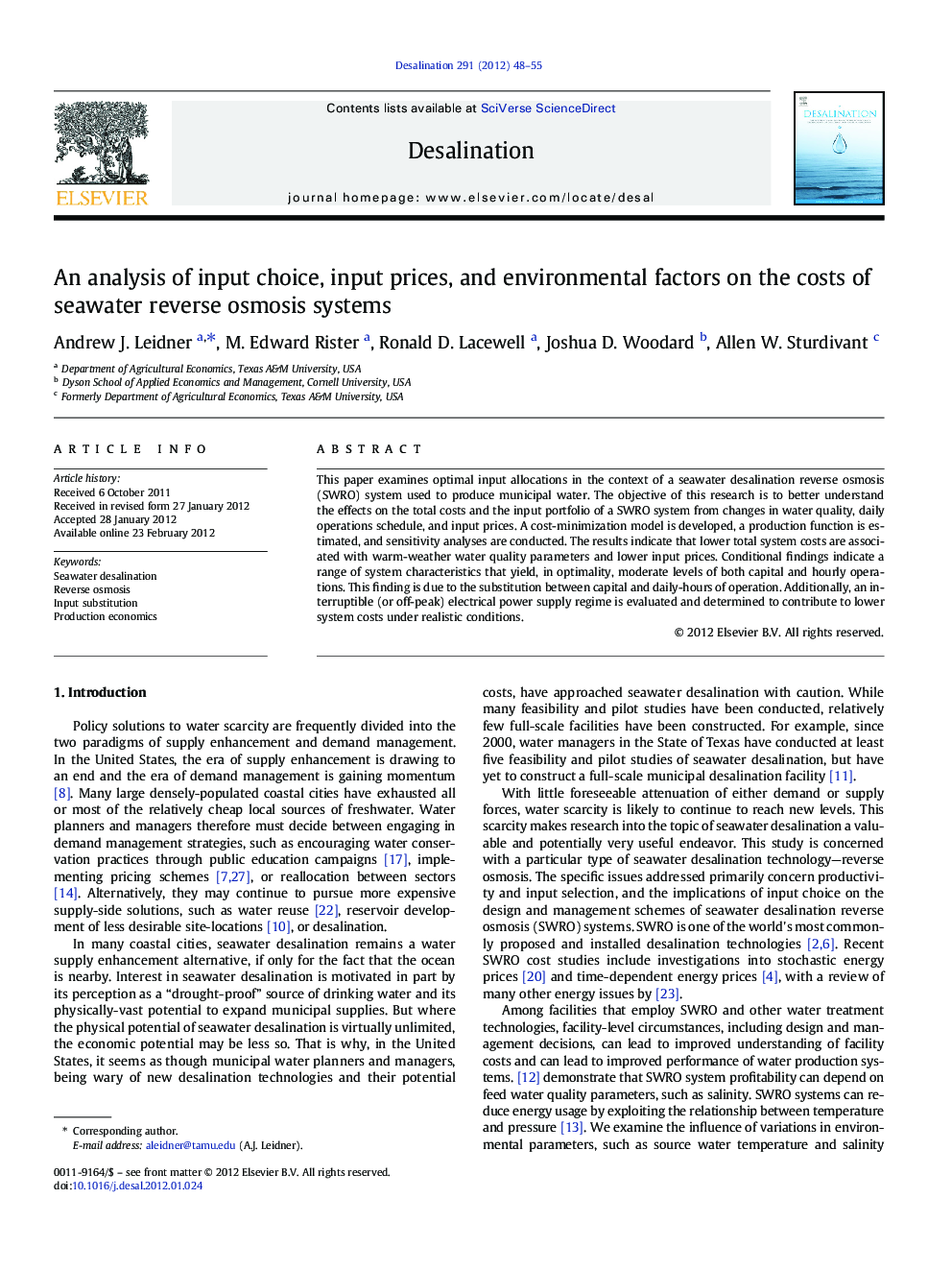 An analysis of input choice, input prices, and environmental factors on the costs of seawater reverse osmosis systems