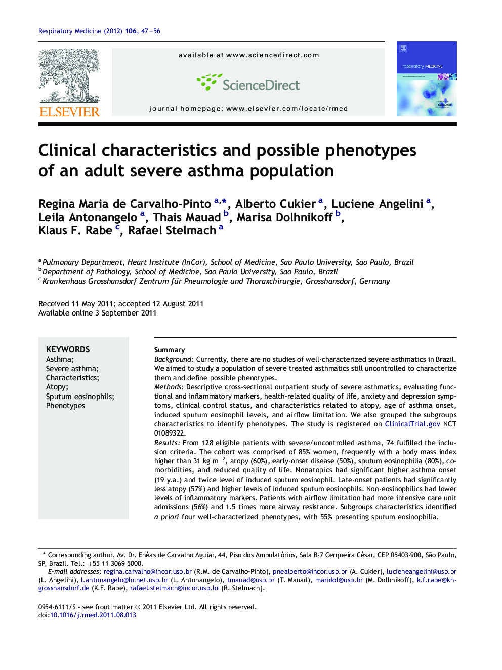 Clinical characteristics and possible phenotypes of an adult severe asthma population