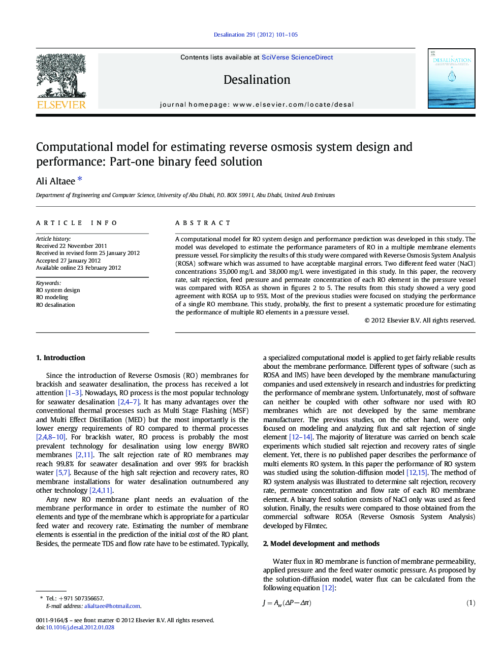 Computational model for estimating reverse osmosis system design and performance: Part-one binary feed solution