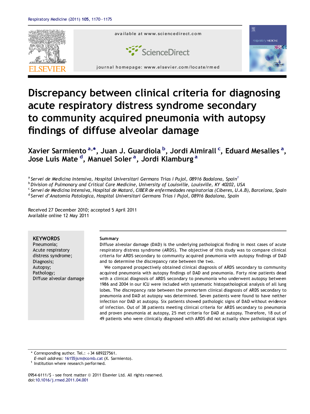 Discrepancy between clinical criteria for diagnosing acute respiratory distress syndrome secondary to community acquired pneumonia with autopsy findings of diffuse alveolar damage