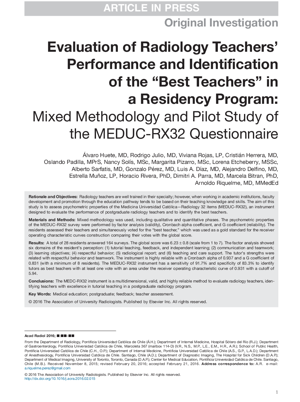 Evaluation of Radiology Teachers' Performance and Identification of the “Best Teachers” in a Residency Program