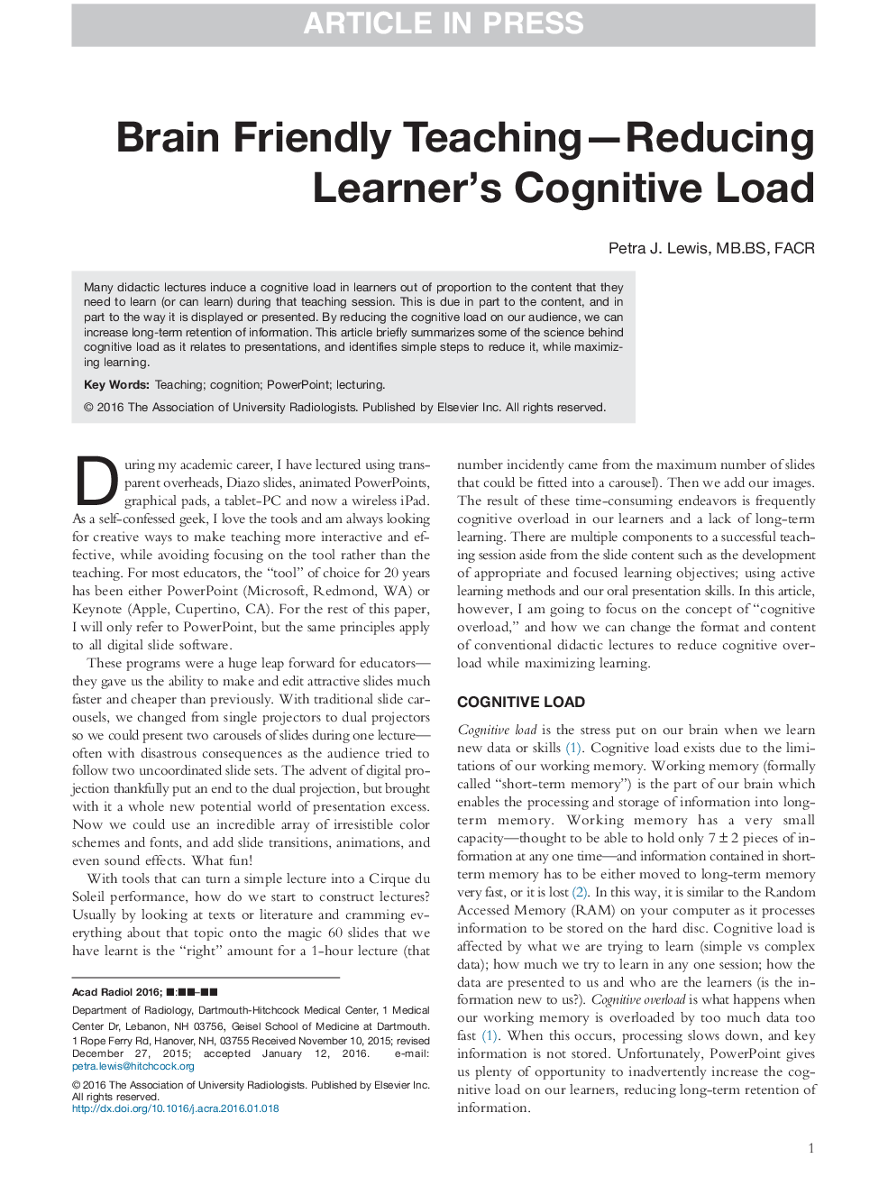 Brain Friendly Teaching-Reducing Learner's Cognitive Load