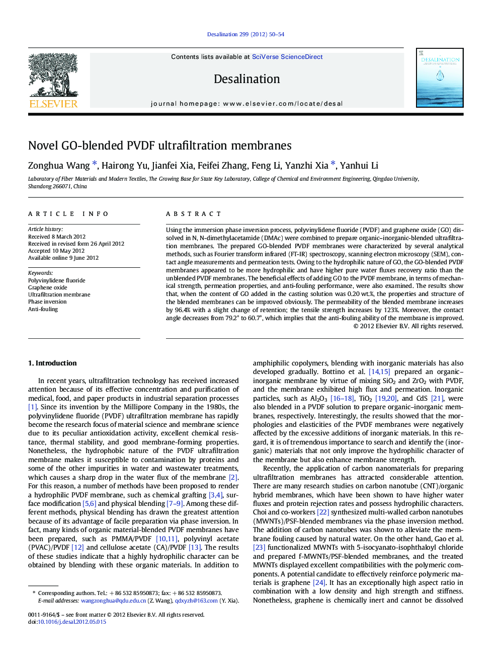 Novel GO-blended PVDF ultrafiltration membranes