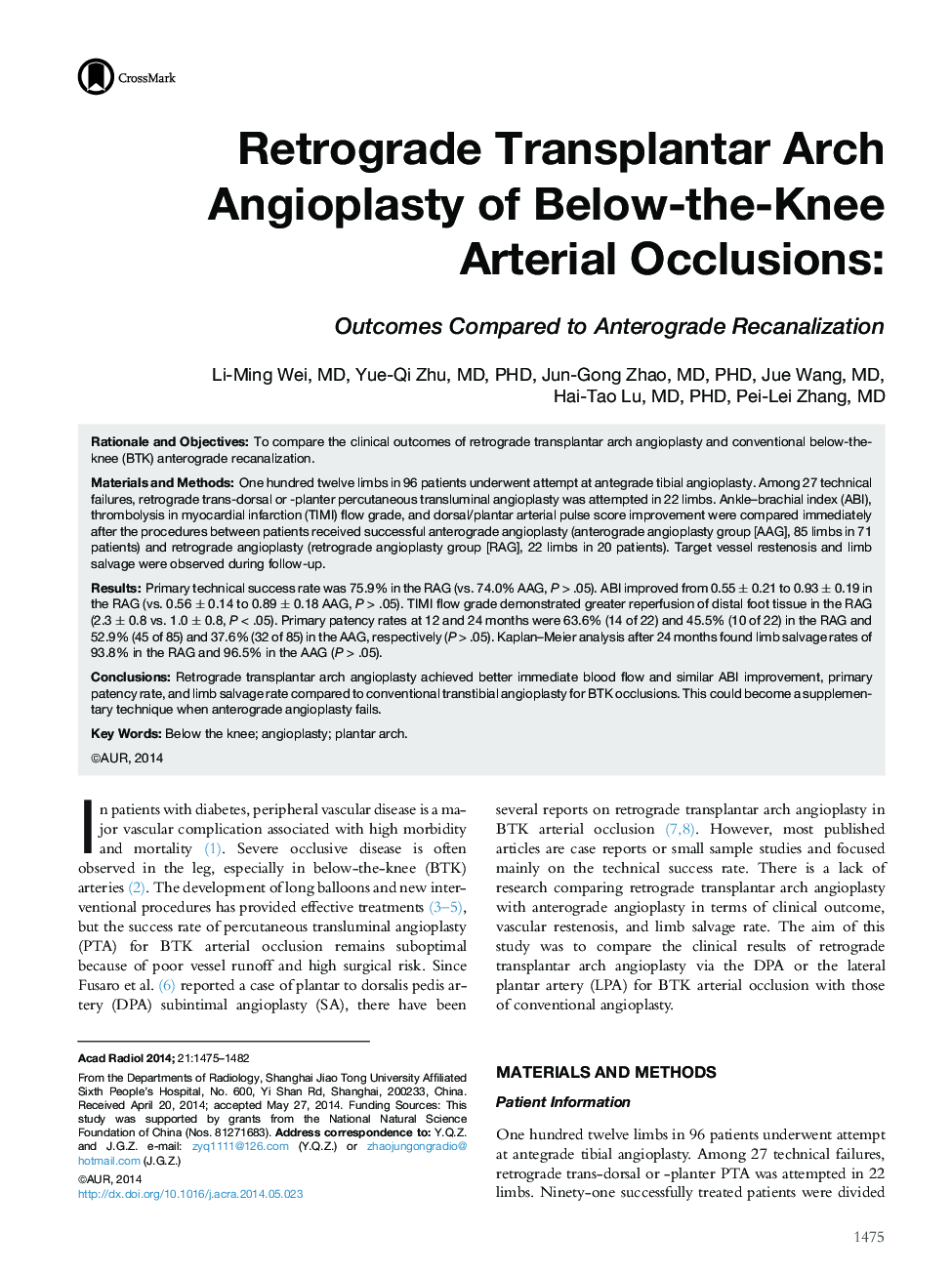 Retrograde Transplantar Arch Angioplasty of Below-the-Knee Arterial Occlusions