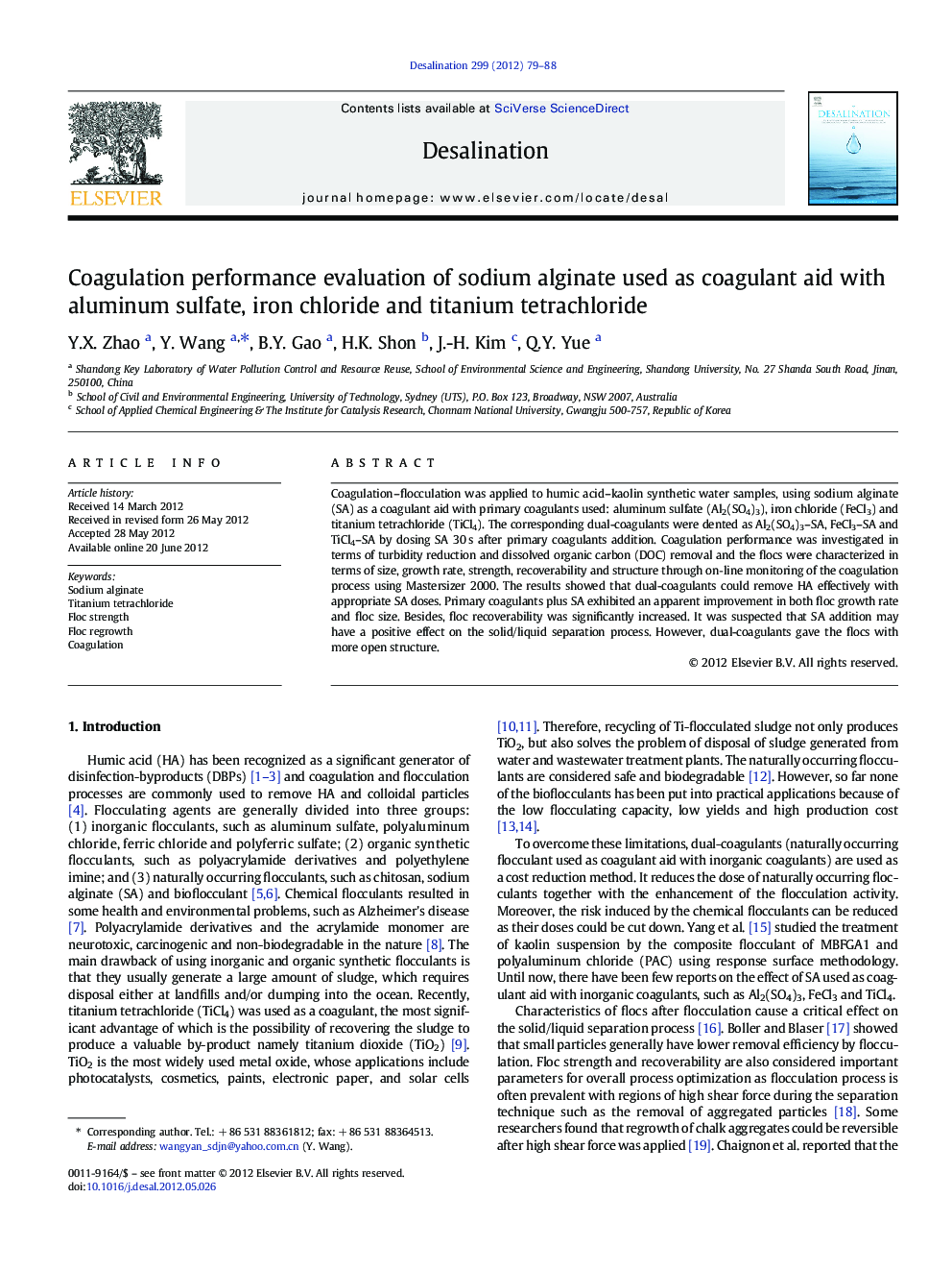 Coagulation performance evaluation of sodium alginate used as coagulant aid with aluminum sulfate, iron chloride and titanium tetrachloride