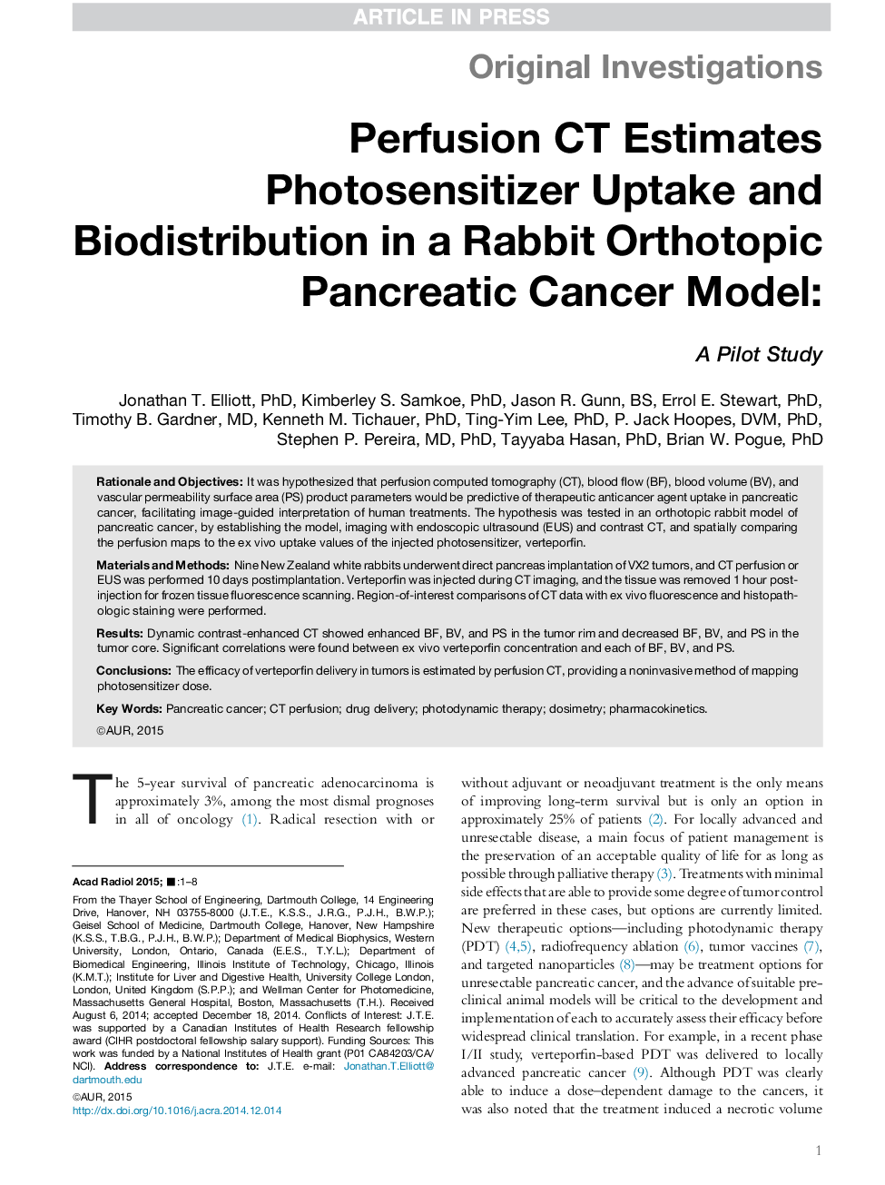 Perfusion CT Estimates Photosensitizer Uptake and Biodistribution in a Rabbit Orthotopic Pancreatic Cancer Model