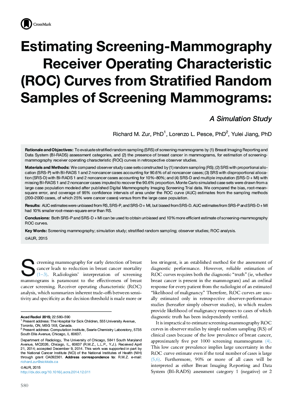Estimating Screening-Mammography Receiver Operating Characteristic (ROC) Curves from Stratified Random Samples of Screening Mammograms