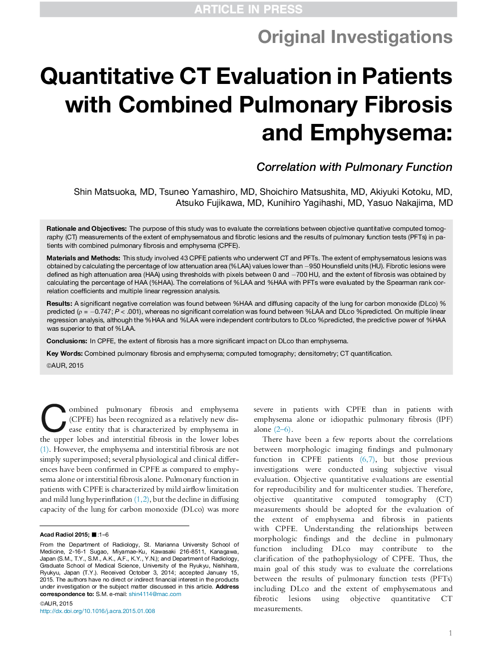 Quantitative CT Evaluation in Patients with Combined Pulmonary Fibrosis and Emphysema