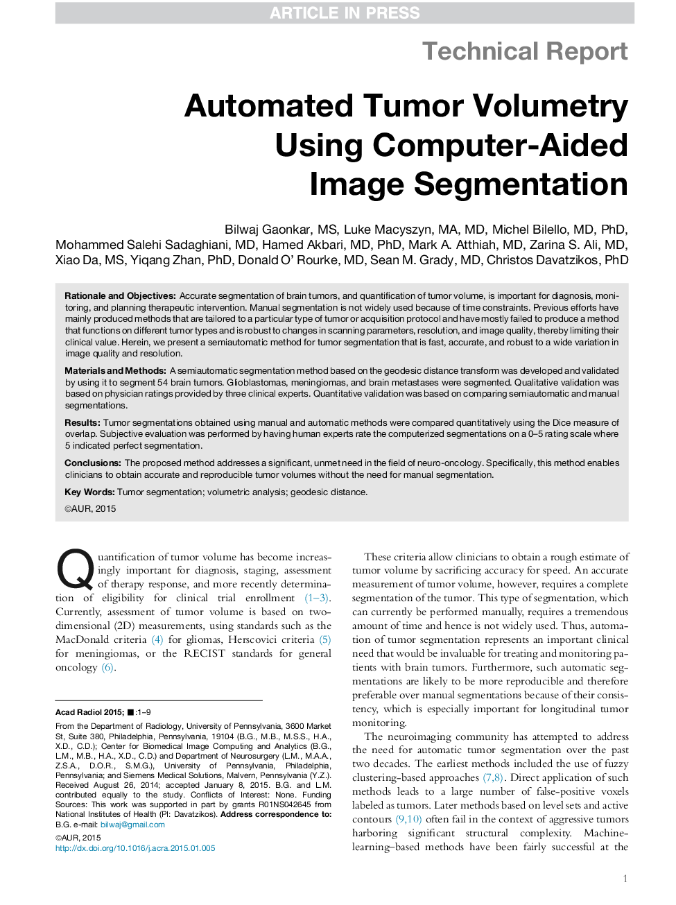Automated Tumor Volumetry Using Computer-Aided Image Segmentation