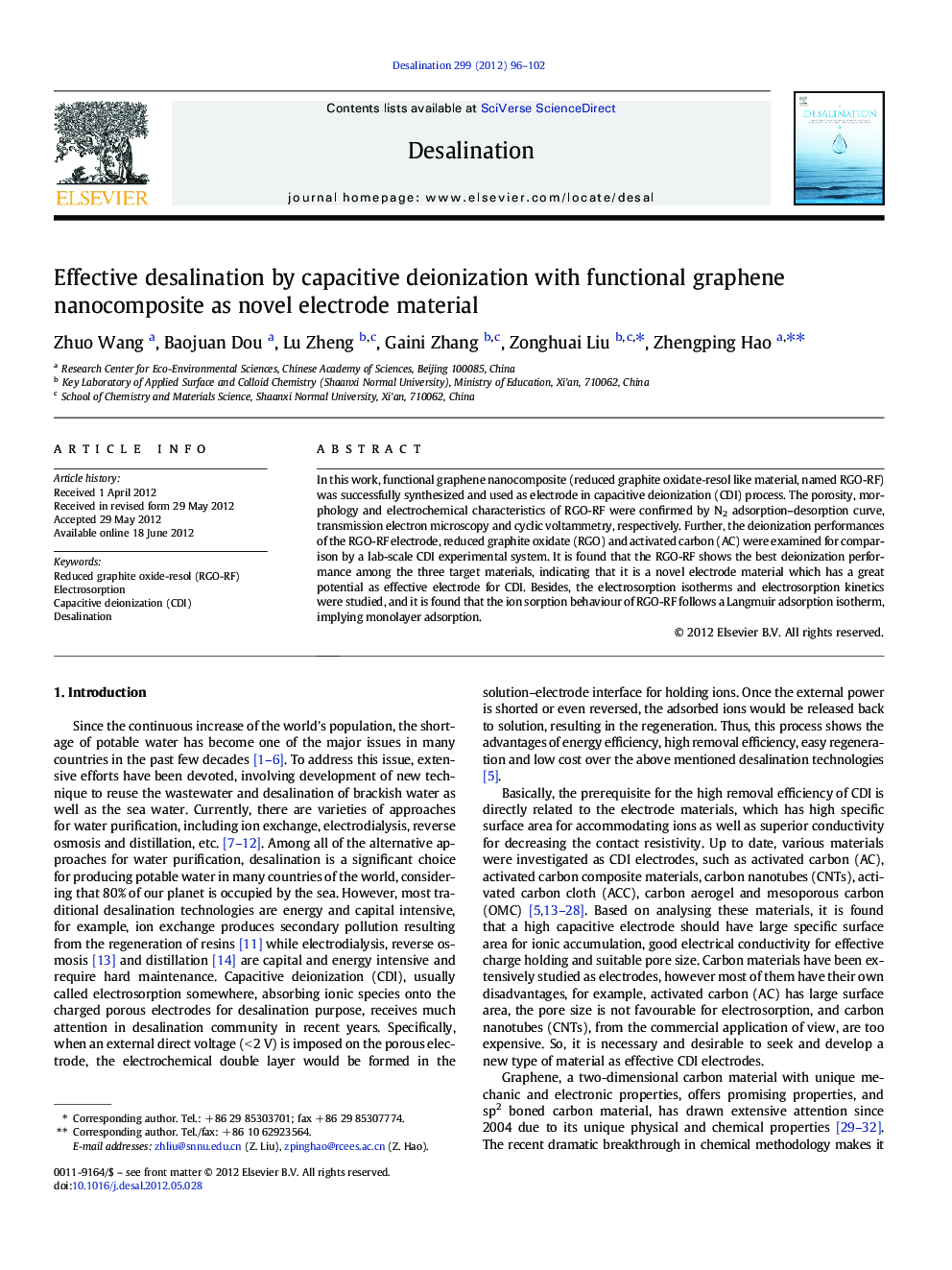 Effective desalination by capacitive deionization with functional graphene nanocomposite as novel electrode material