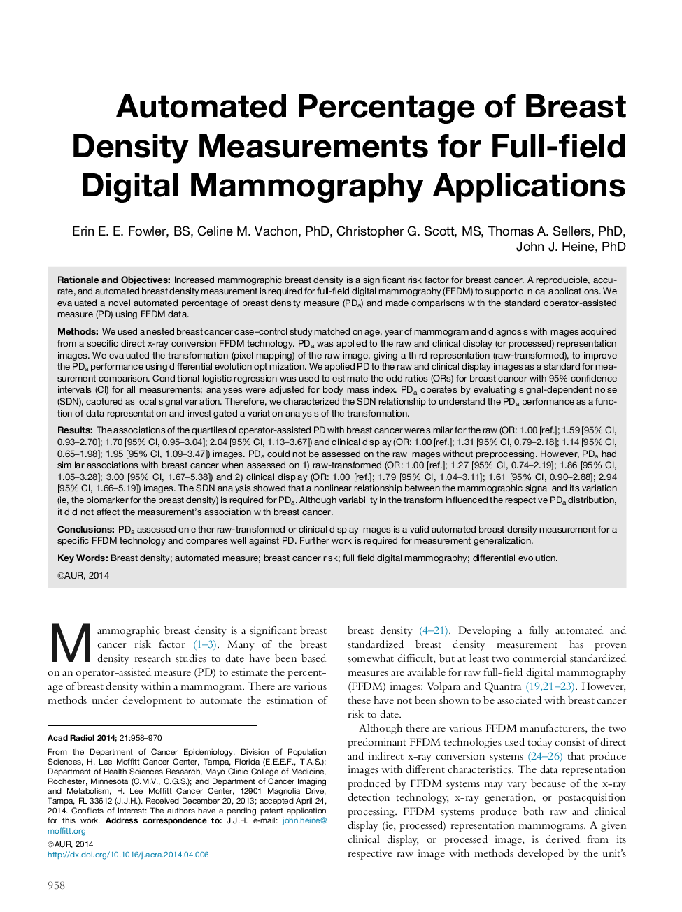 Automated Percentage of Breast Density Measurements for Full-field Digital Mammography Applications