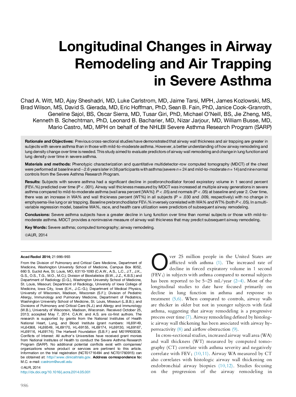 Longitudinal Changes in Airway Remodeling and Air Trapping in Severe Asthma