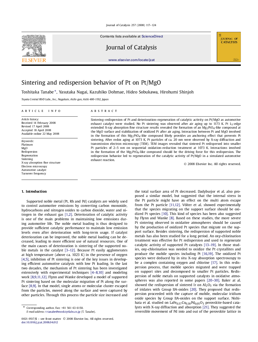 Sintering and redispersion behavior of Pt on Pt/MgO