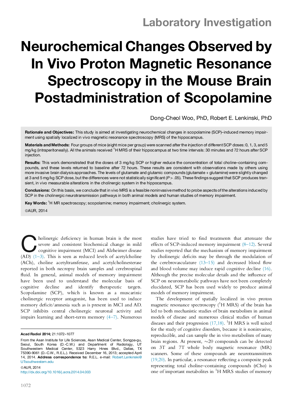 Neurochemical Changes Observed by InÂ Vivo Proton Magnetic Resonance Spectroscopy in the Mouse Brain Postadministration of Scopolamine