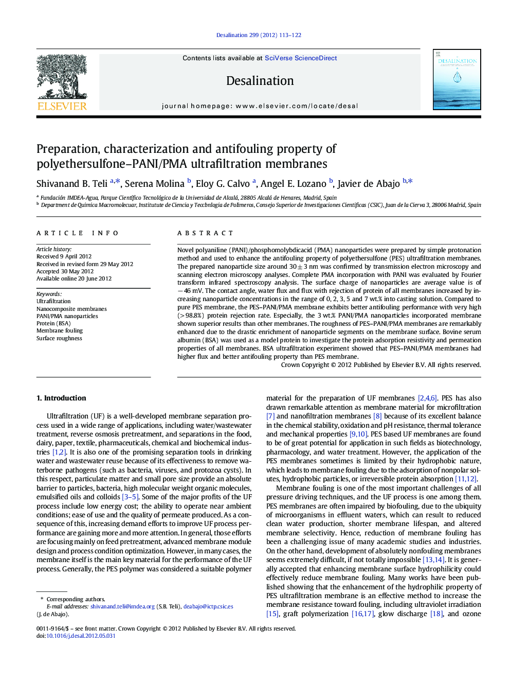 Preparation, characterization and antifouling property of polyethersulfone–PANI/PMA ultrafiltration membranes