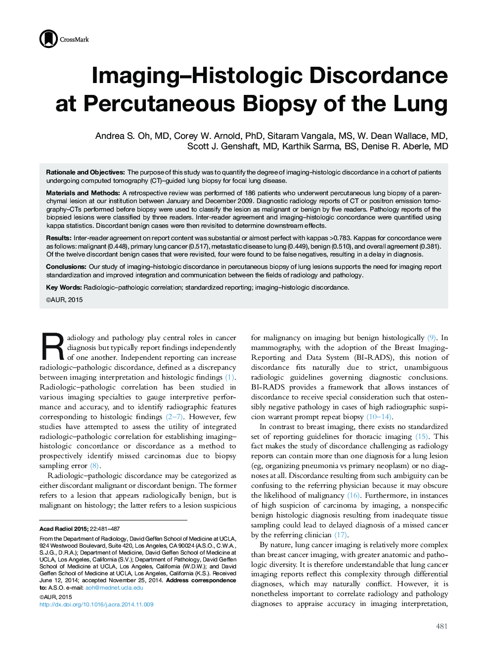 Imaging-Histologic Discordance at Percutaneous Biopsy of the Lung