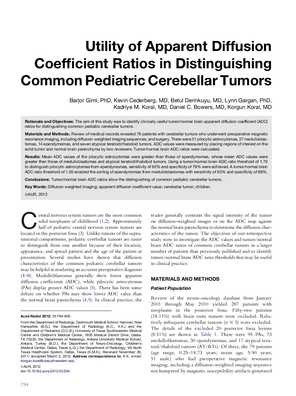 Utility of Apparent Diffusion Coefficient Ratios in Distinguishing Common Pediatric Cerebellar Tumors