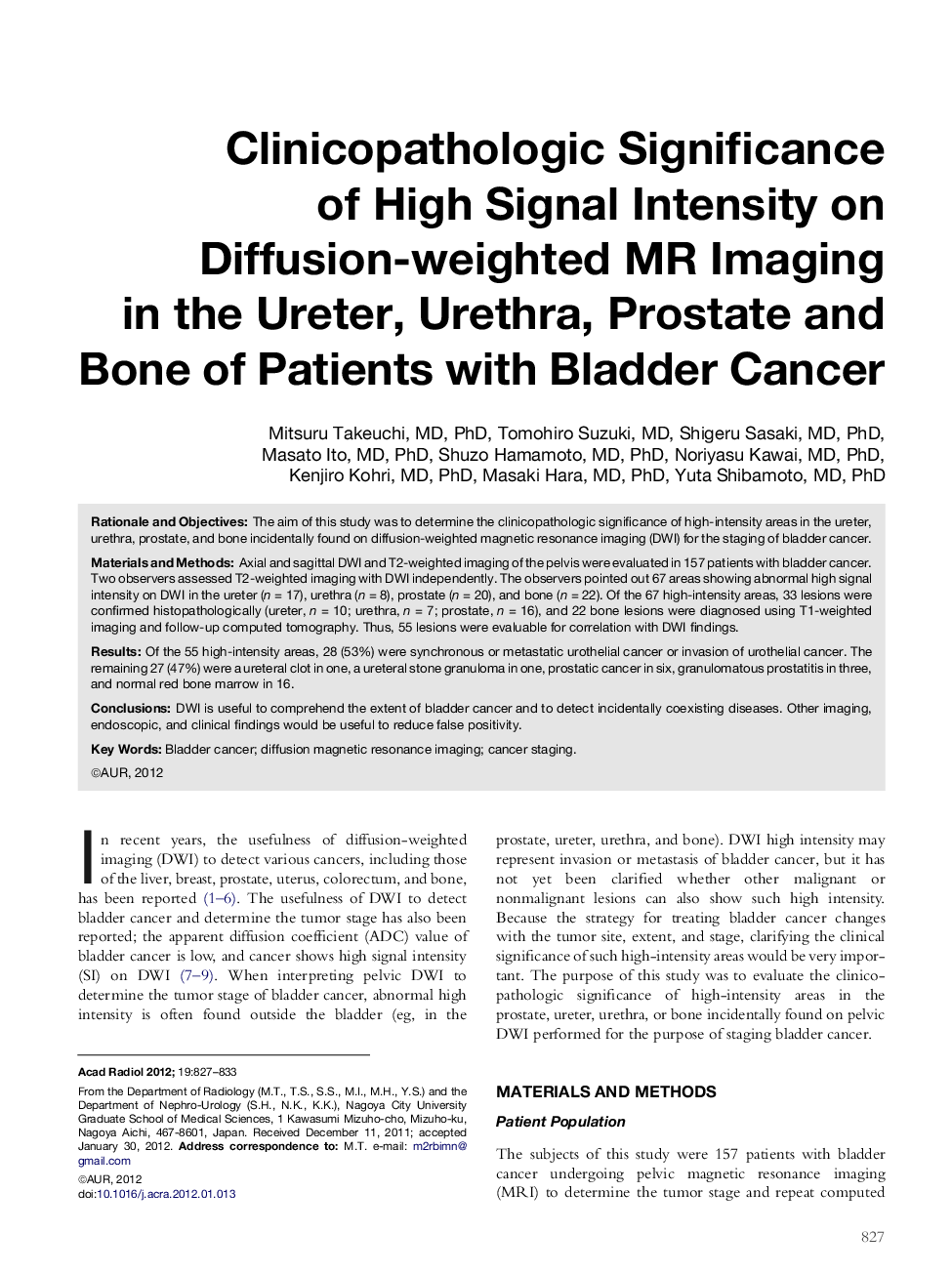 Clinicopathologic Significance of High Signal Intensity on Diffusion-weighted MR Imaging in the Ureter, Urethra, Prostate and Bone of Patients with Bladder Cancer