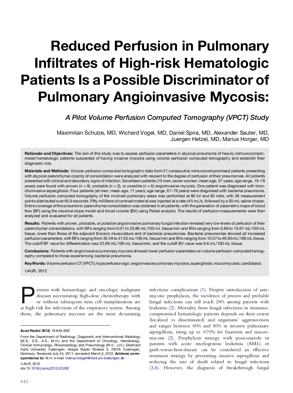 Reduced Perfusion in Pulmonary Infiltrates of High-risk Hematologic Patients Is a Possible Discriminator of Pulmonary Angioinvasive Mycosis
