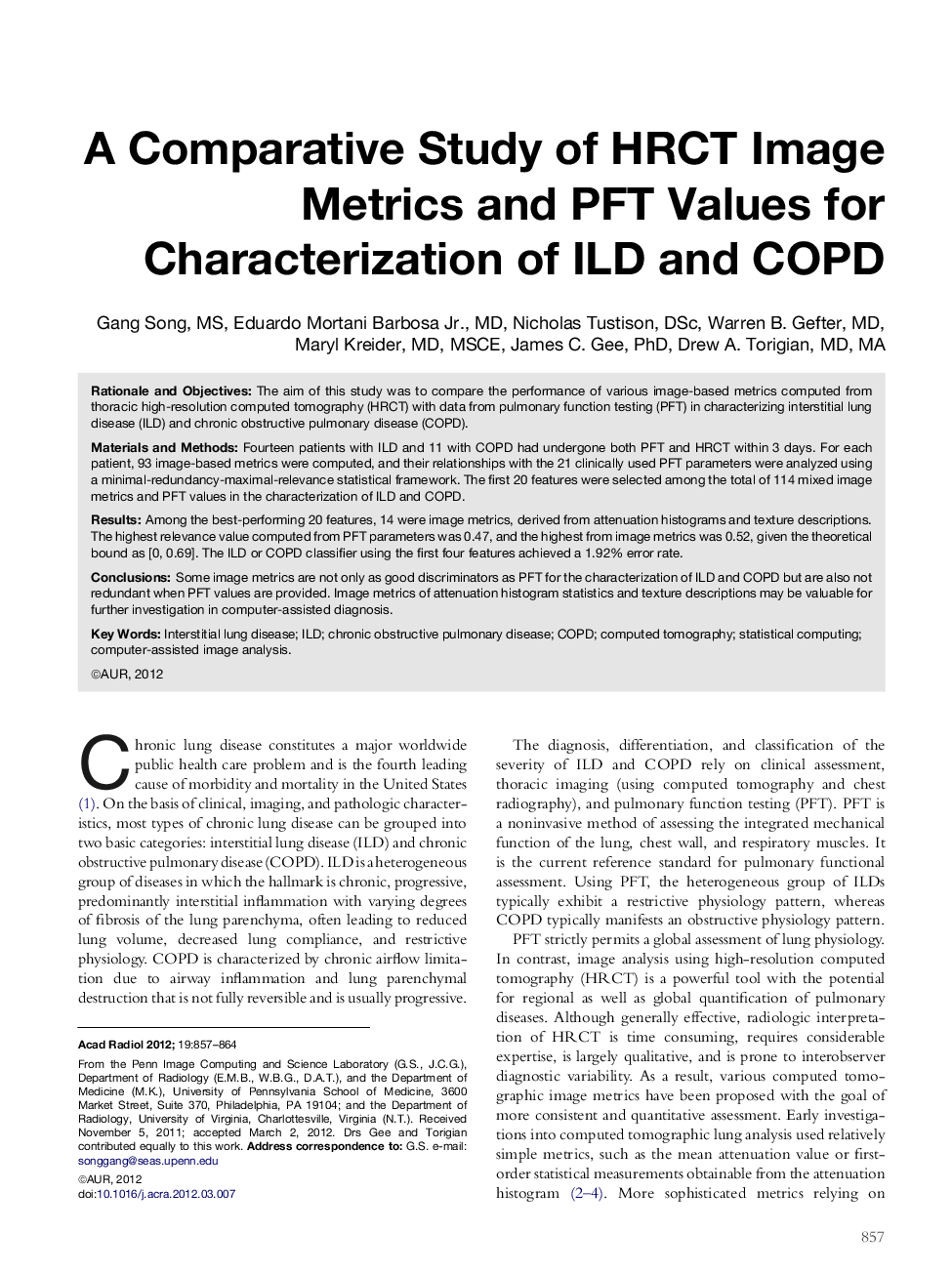 A Comparative Study of HRCT Image Metrics and PFT Values for Characterization of ILD and COPD