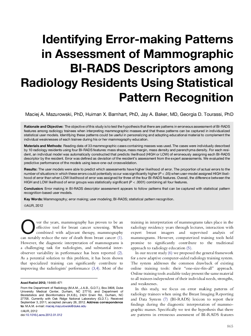 Identifying Error-making Patterns inÂ Assessment of Mammographic BI-RADS Descriptors among Radiology Residents Using Statistical Pattern Recognition