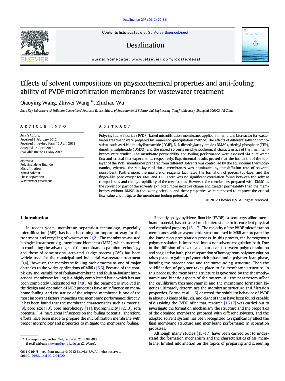 Effects of solvent compositions on physicochemical properties and anti-fouling ability of PVDF microfiltration membranes for wastewater treatment