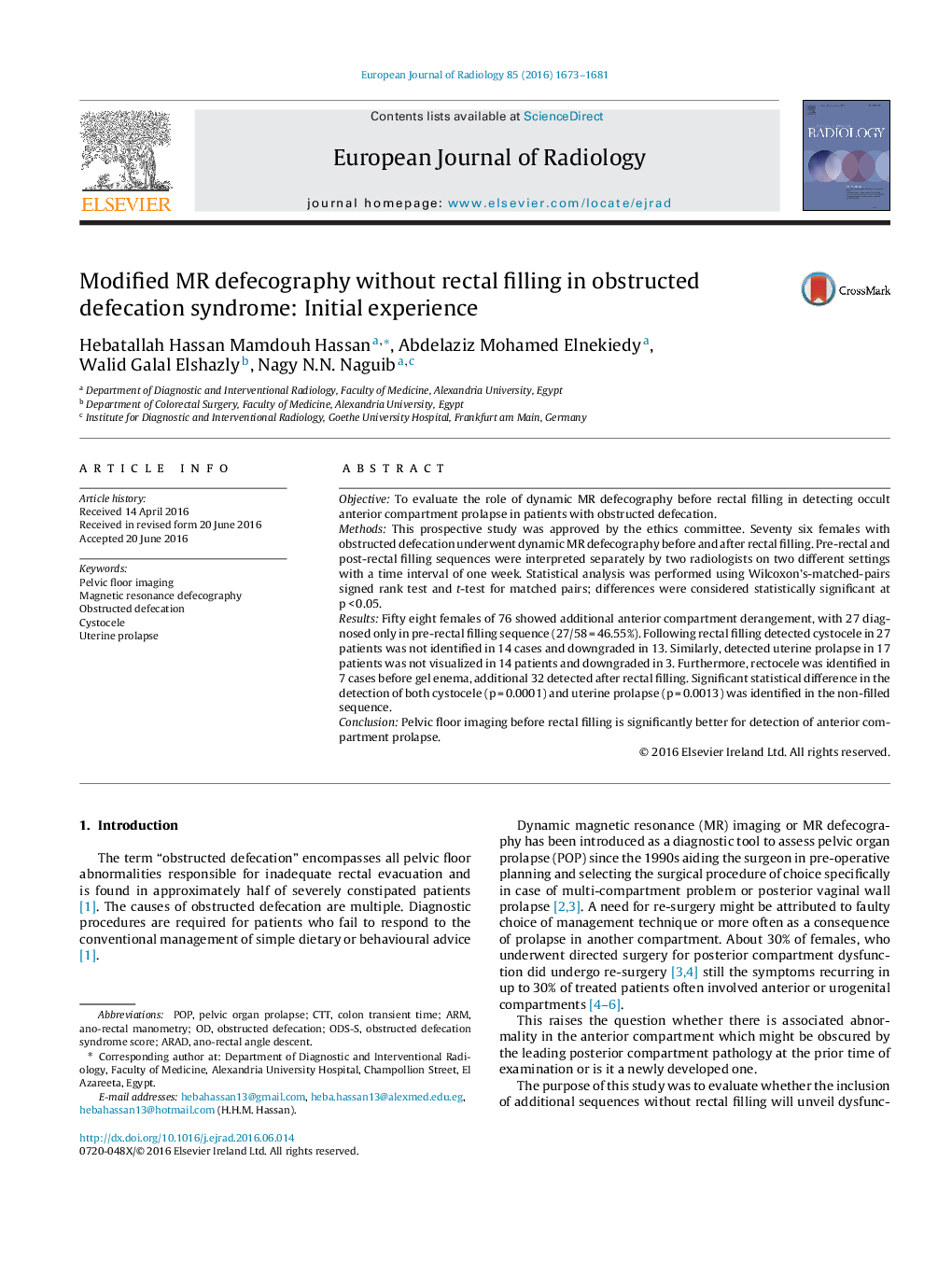 Modified MR defecography without rectal filling in obstructed defecation syndrome: Initial experience