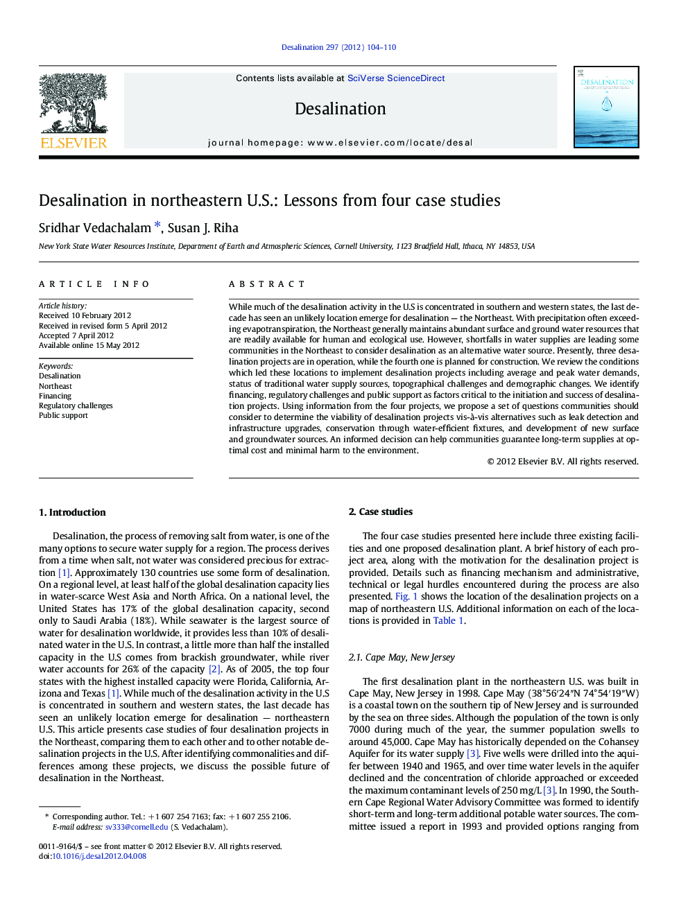 Desalination in northeastern U.S.: Lessons from four case studies