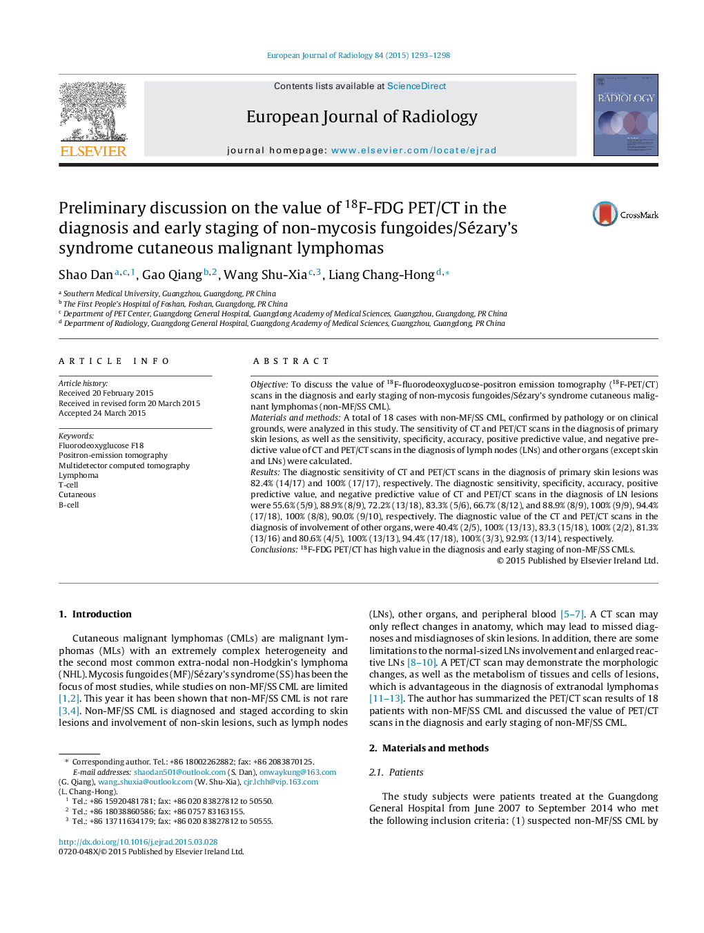 Preliminary discussion on the value of 18F-FDG PET/CT in the diagnosis and early staging of non-mycosis fungoides/Sézary's syndrome cutaneous malignant lymphomas