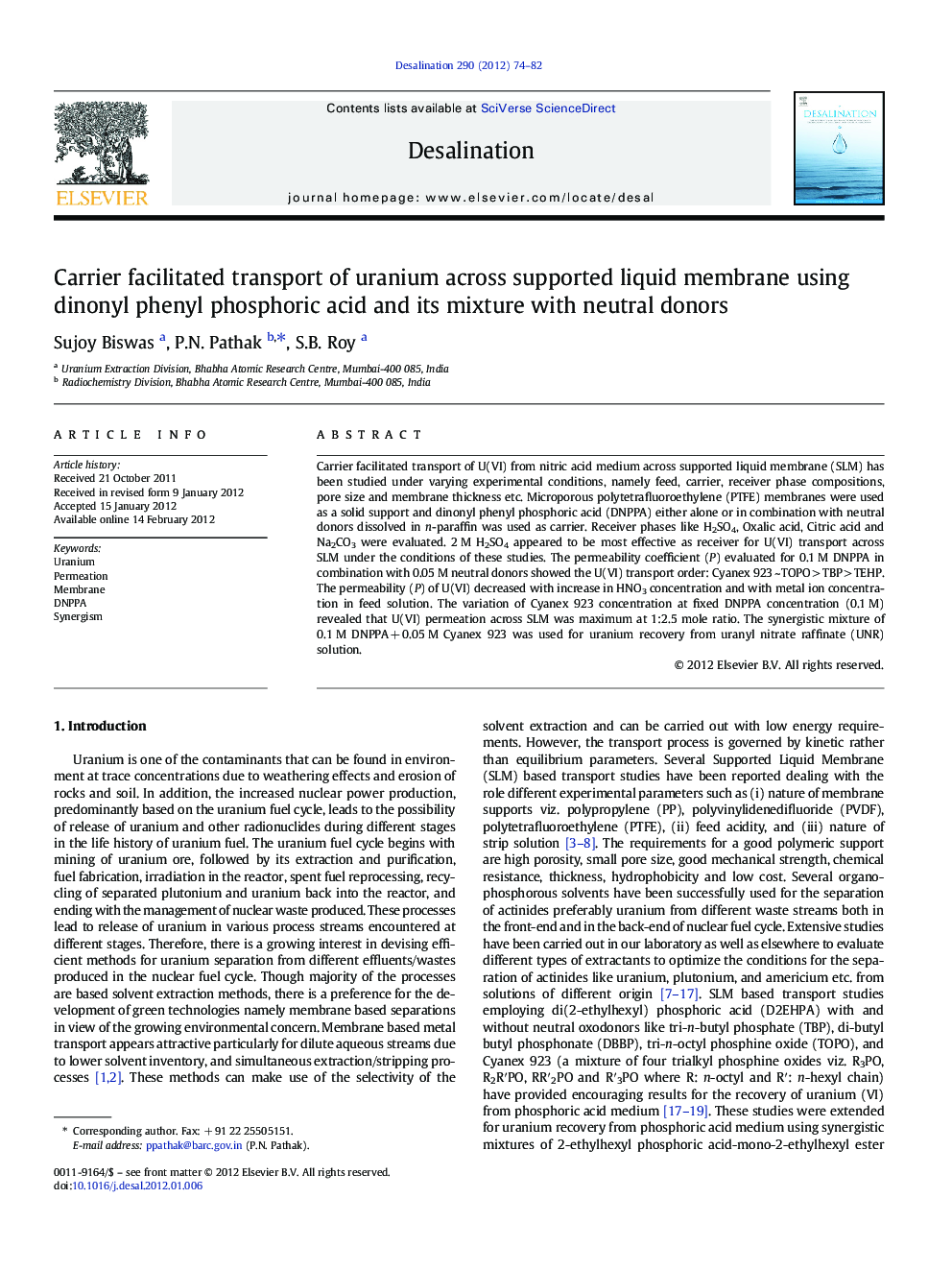 Carrier facilitated transport of uranium across supported liquid membrane using dinonyl phenyl phosphoric acid and its mixture with neutral donors