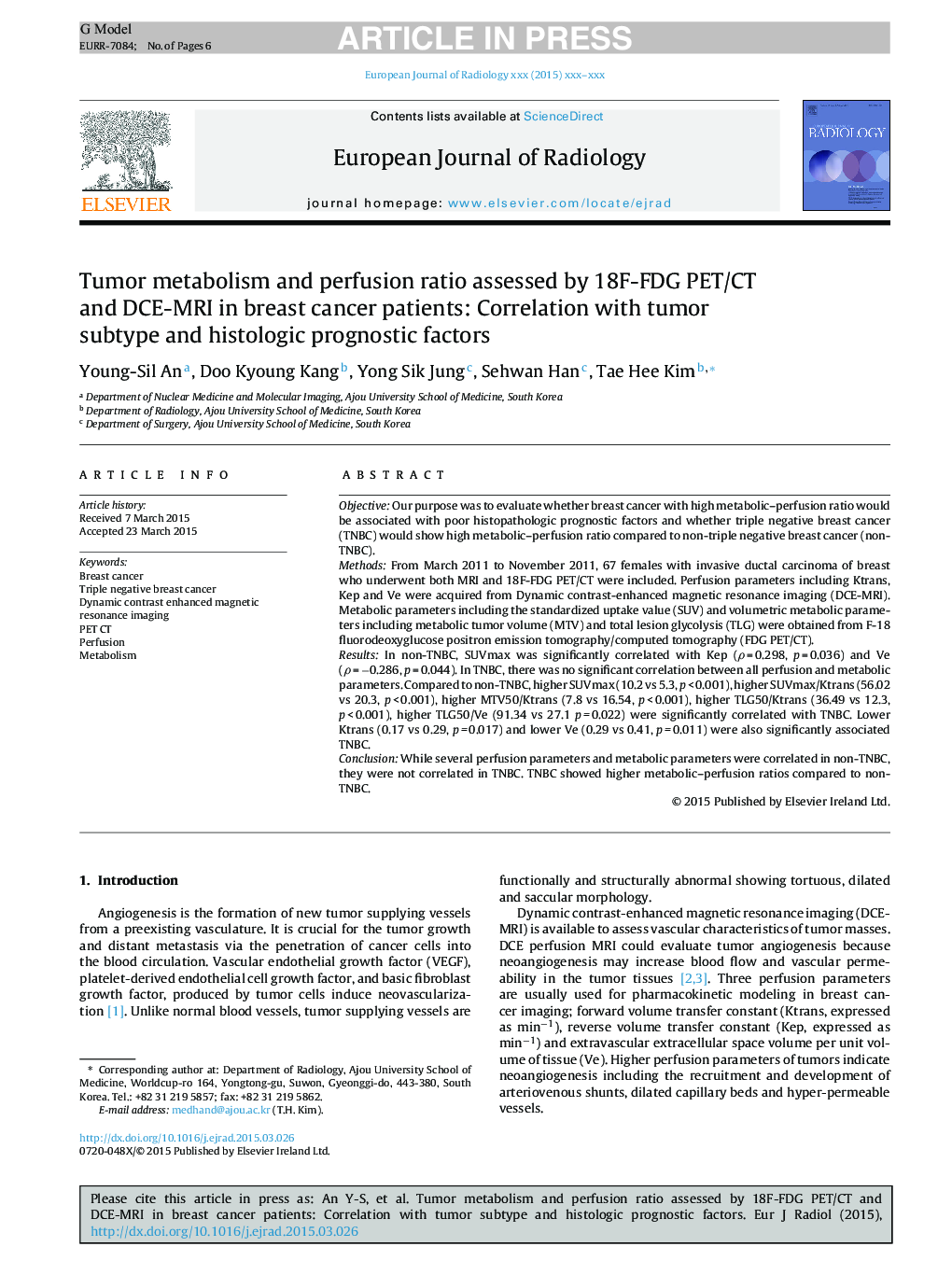 Tumor metabolism and perfusion ratio assessed by 18F-FDG PET/CT and DCE-MRI in breast cancer patients: Correlation with tumor subtype and histologic prognostic factors