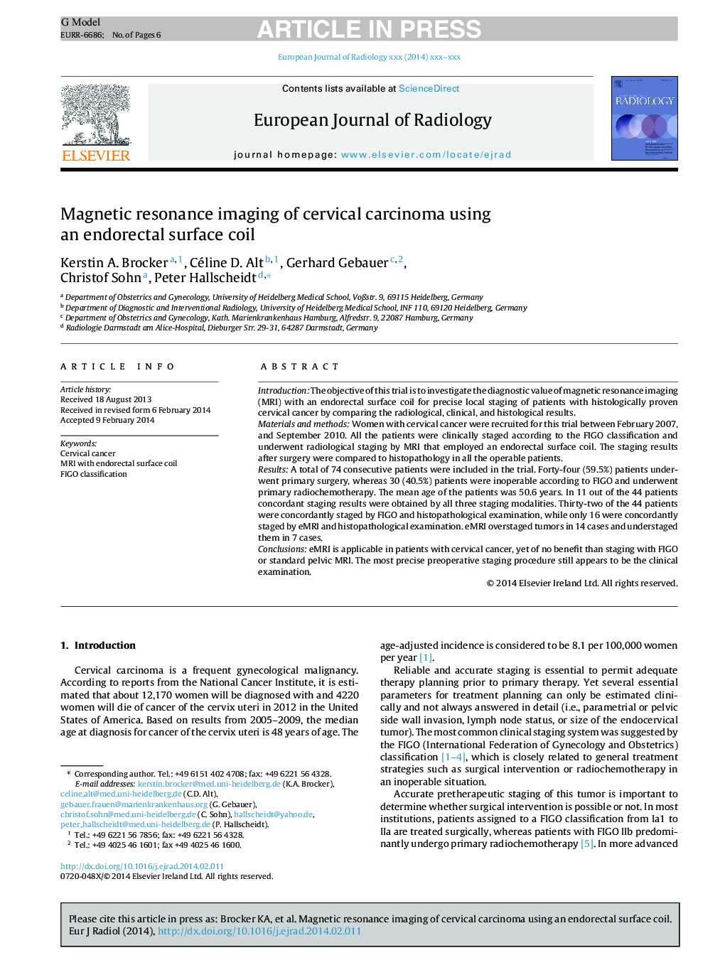 Magnetic resonance imaging of cervical carcinoma using an endorectal surface coil