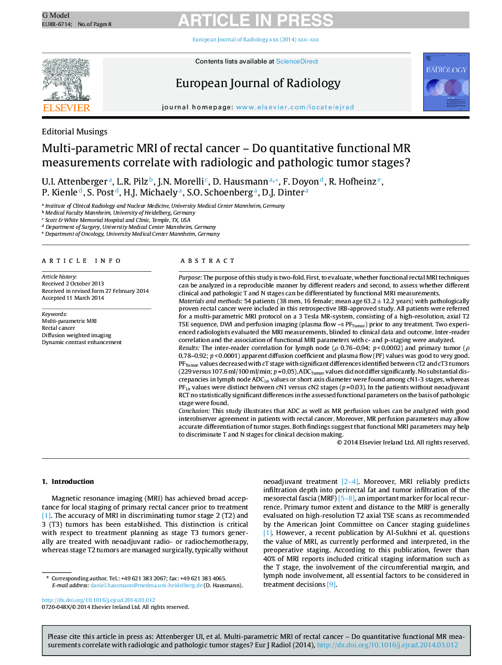 Multi-parametric MRI of rectal cancer - Do quantitative functional MR measurements correlate with radiologic and pathologic tumor stages?