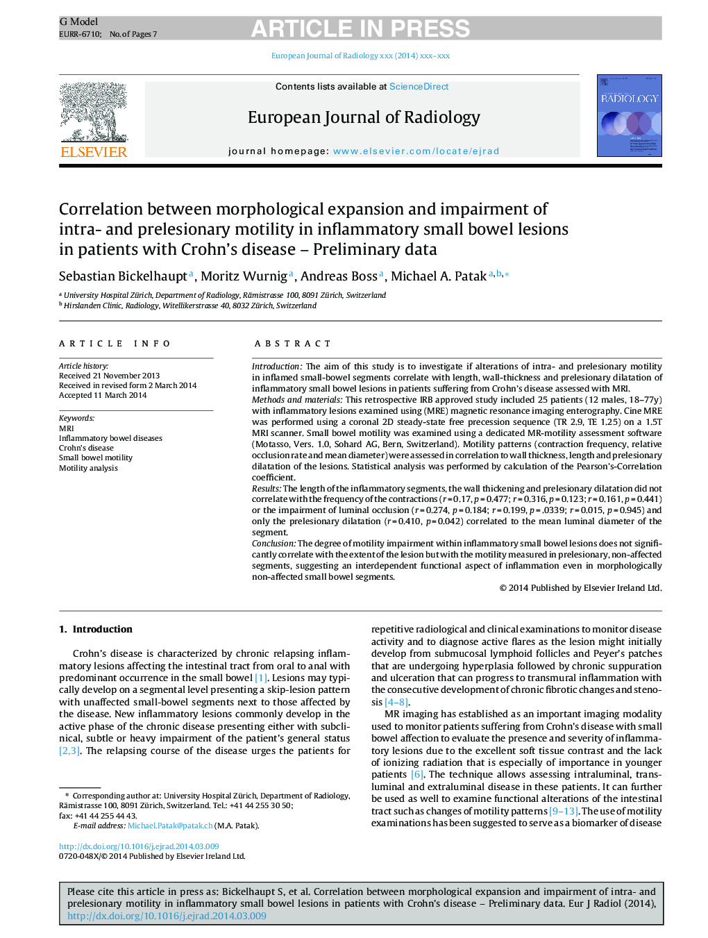 Correlation between morphological expansion and impairment of intra- and prelesionary motility in inflammatory small bowel lesions in patients with Crohn's disease - Preliminary data