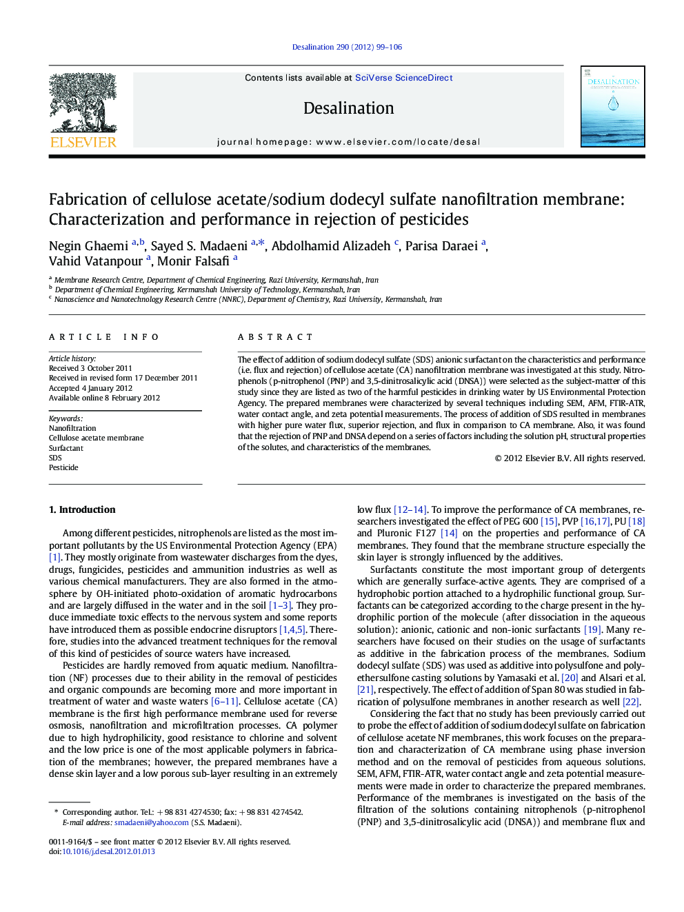 Fabrication of cellulose acetate/sodium dodecyl sulfate nanofiltration membrane: Characterization and performance in rejection of pesticides