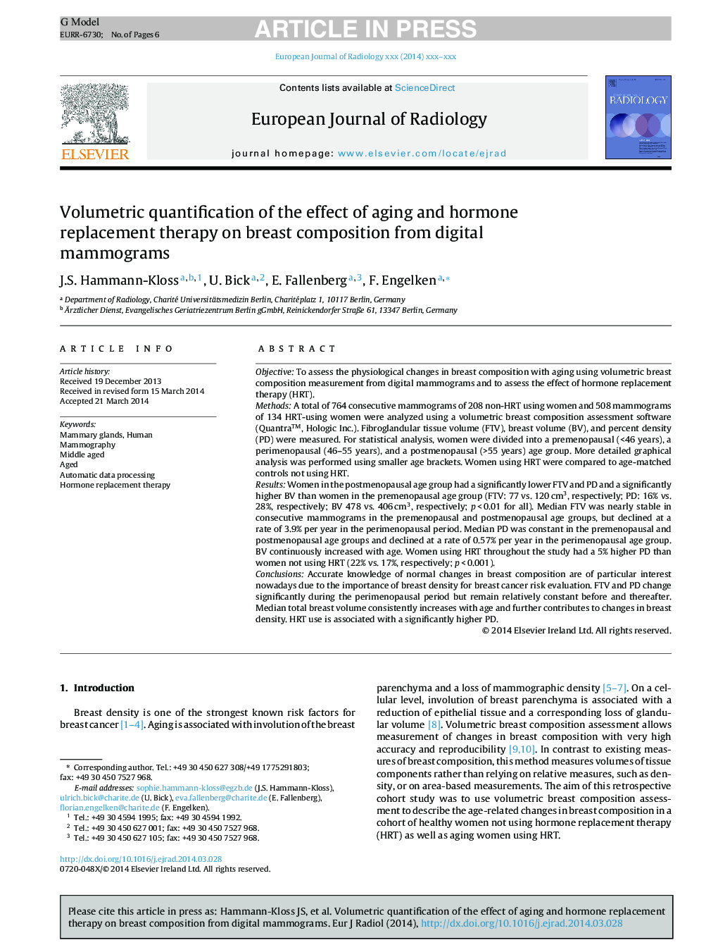 Volumetric quantification of the effect of aging and hormone replacement therapy on breast composition from digital mammograms