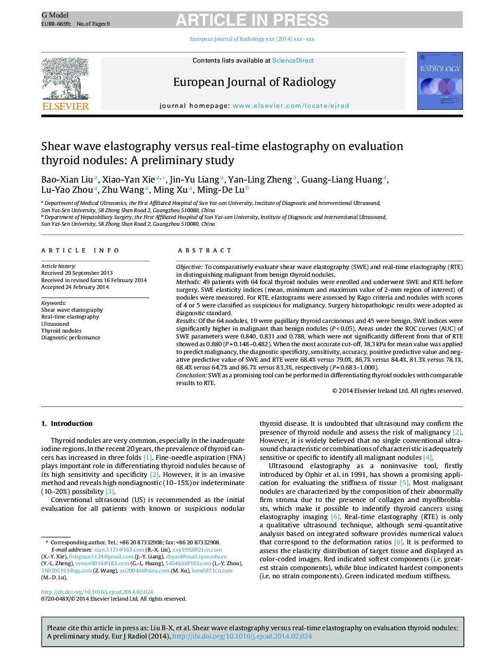 Shear wave elastography versus real-time elastography on evaluation thyroid nodules: A preliminary study