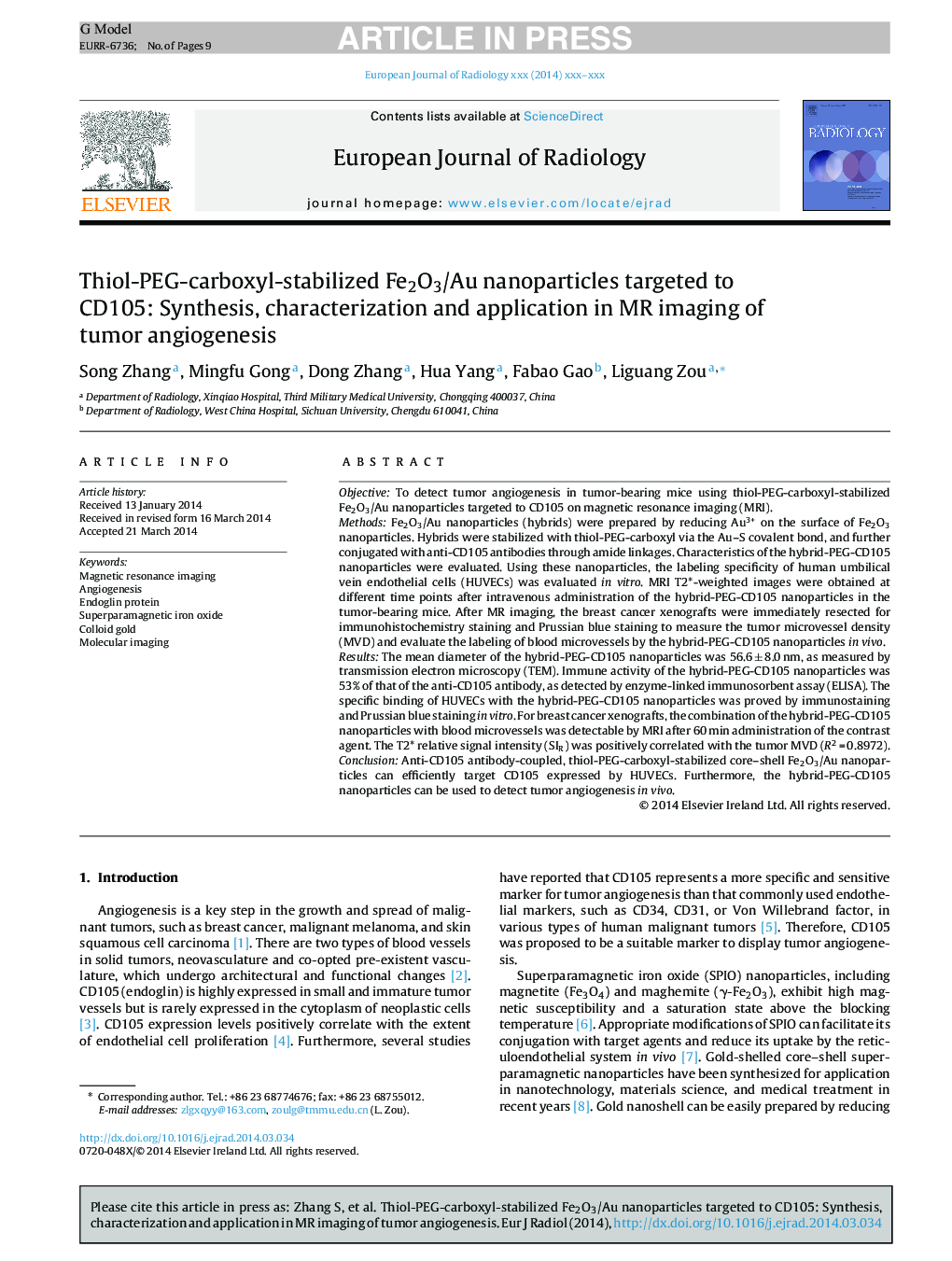 Thiol-PEG-carboxyl-stabilized Fe2O3/Au nanoparticles targeted to CD105: Synthesis, characterization and application in MR imaging of tumor angiogenesis