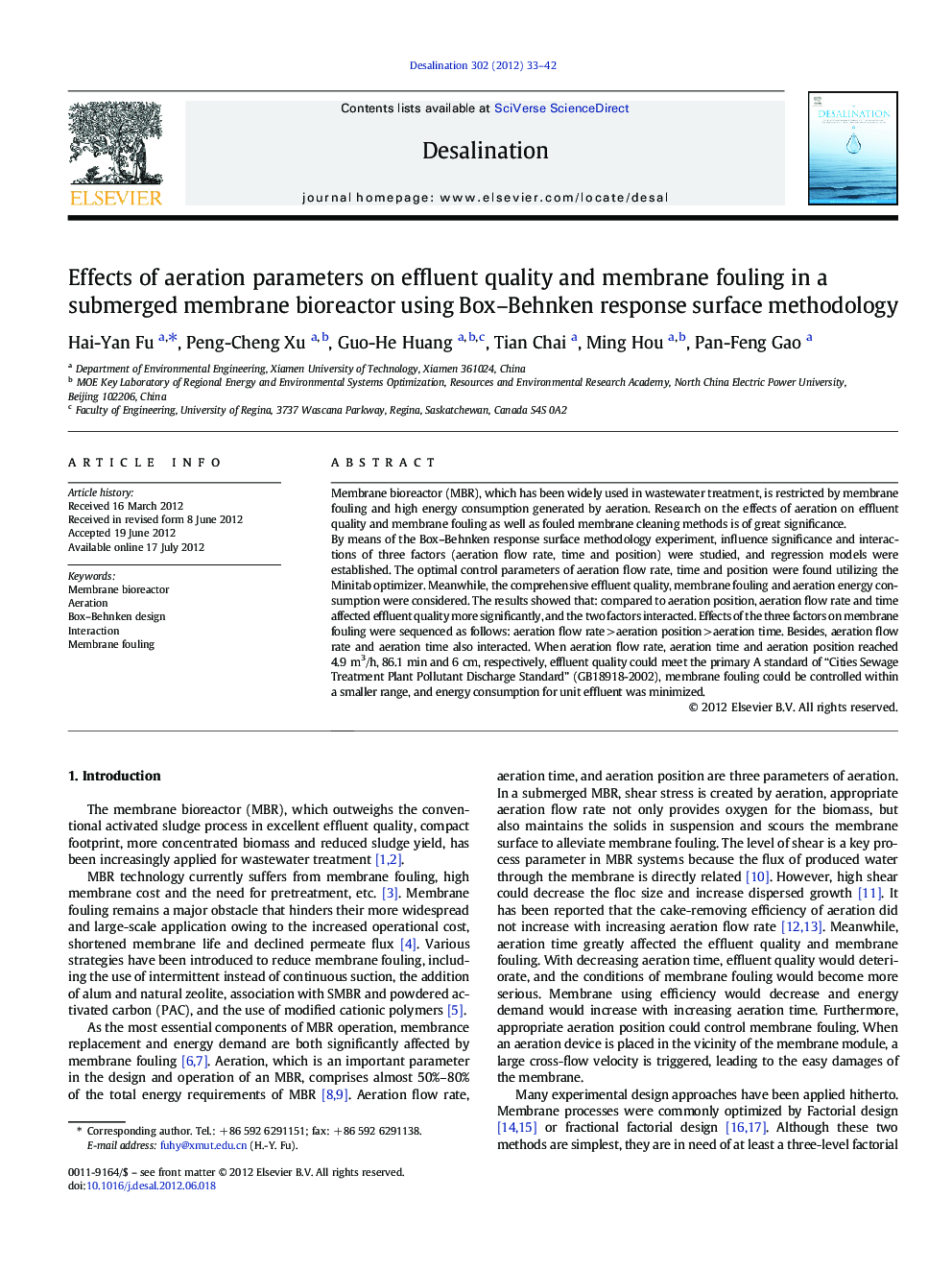 Effects of aeration parameters on effluent quality and membrane fouling in a submerged membrane bioreactor using Box-Behnken response surface methodology