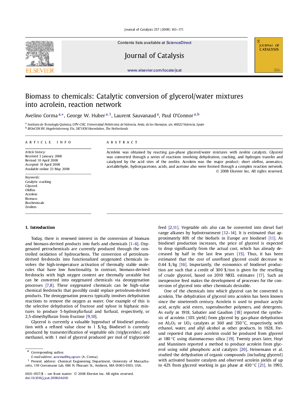 Biomass to chemicals: Catalytic conversion of glycerol/water mixtures into acrolein, reaction network