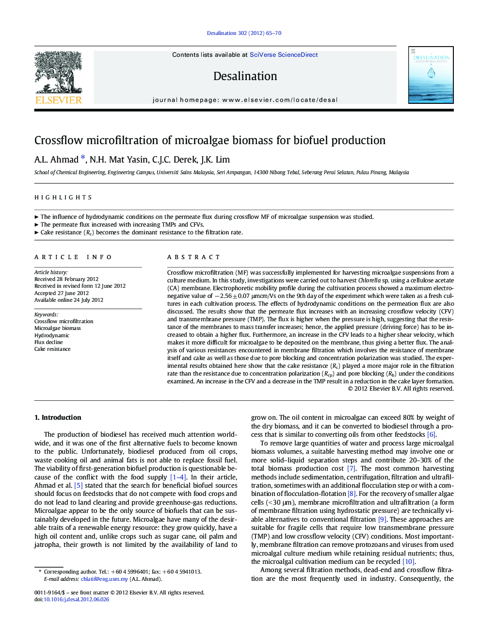 Crossflow microfiltration of microalgae biomass for biofuel production