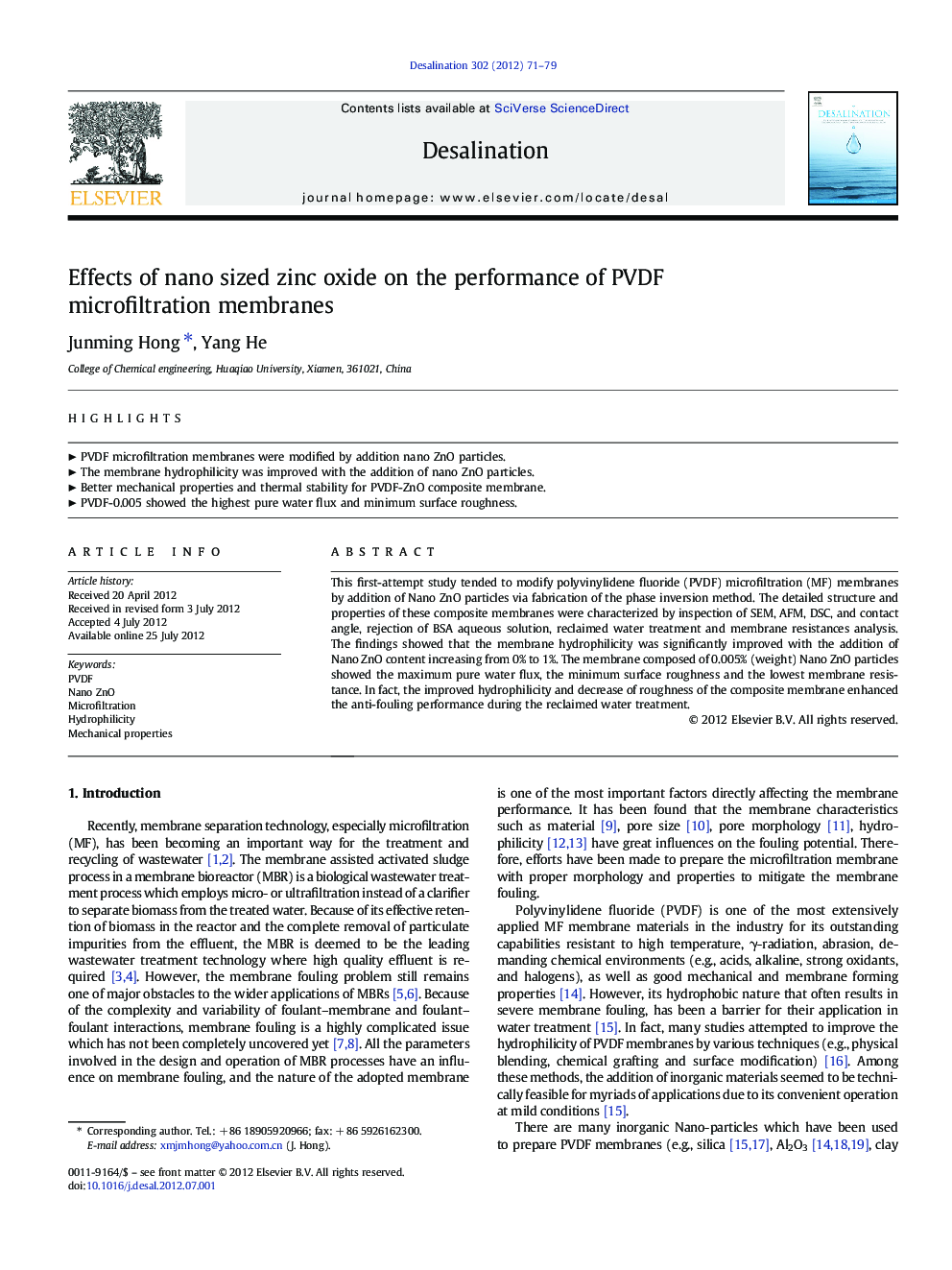 Effects of nano sized zinc oxide on the performance of PVDF microfiltration membranes