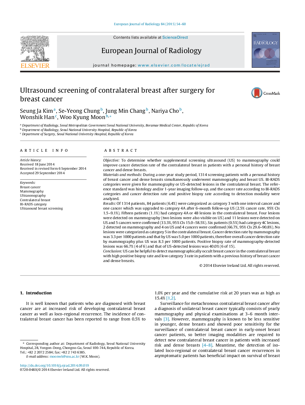 Ultrasound screening of contralateral breast after surgery for breast cancer