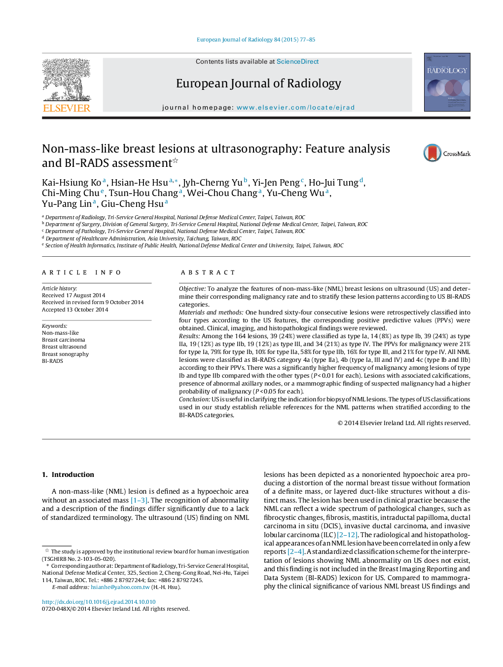 Non-mass-like breast lesions at ultrasonography: Feature analysis and BI-RADS assessment