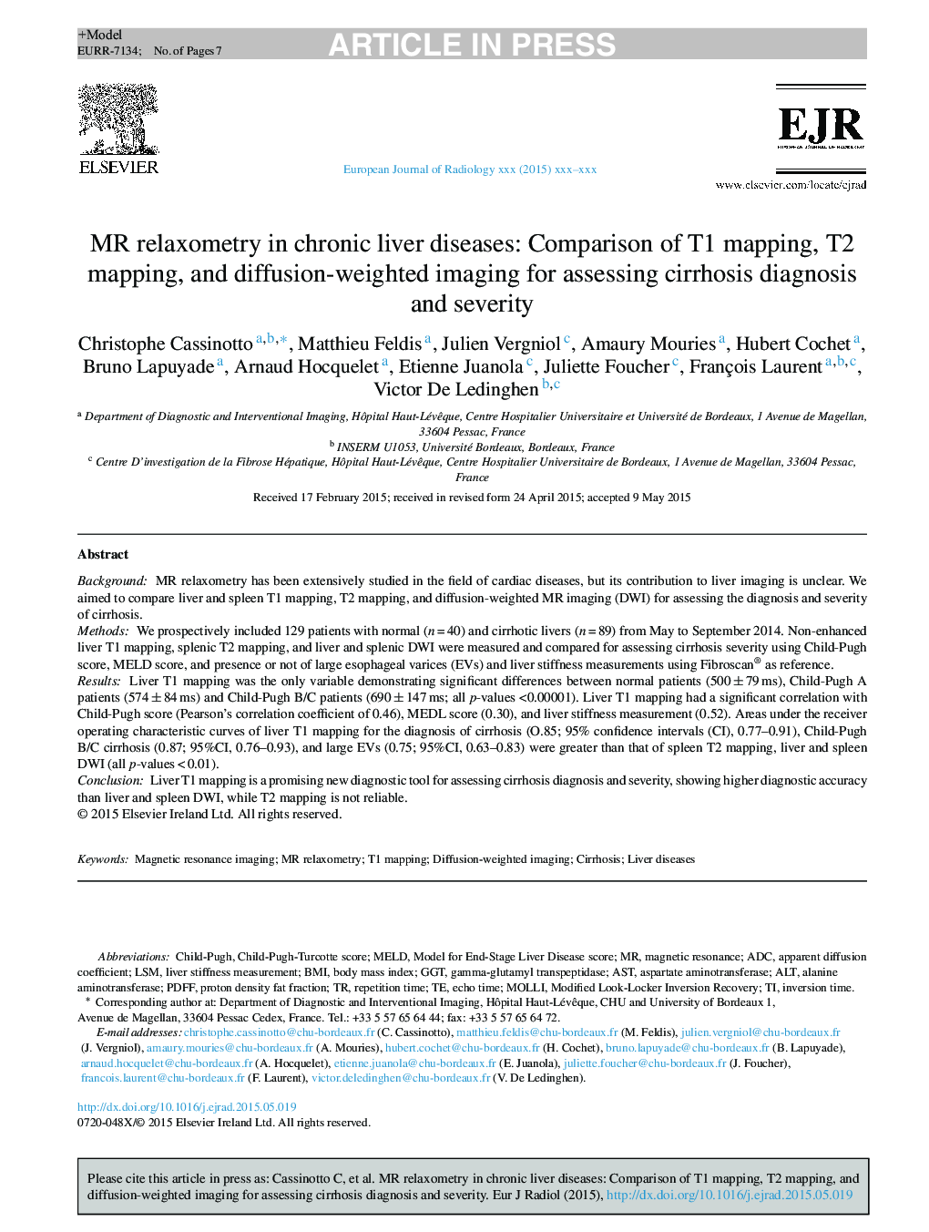 MR relaxometry in chronic liver diseases: Comparison of T1 mapping, T2 mapping, and diffusion-weighted imaging for assessing cirrhosis diagnosis and severity