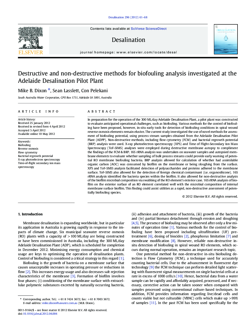 Destructive and non-destructive methods for biofouling analysis investigated at the Adelaide Desalination Pilot Plant