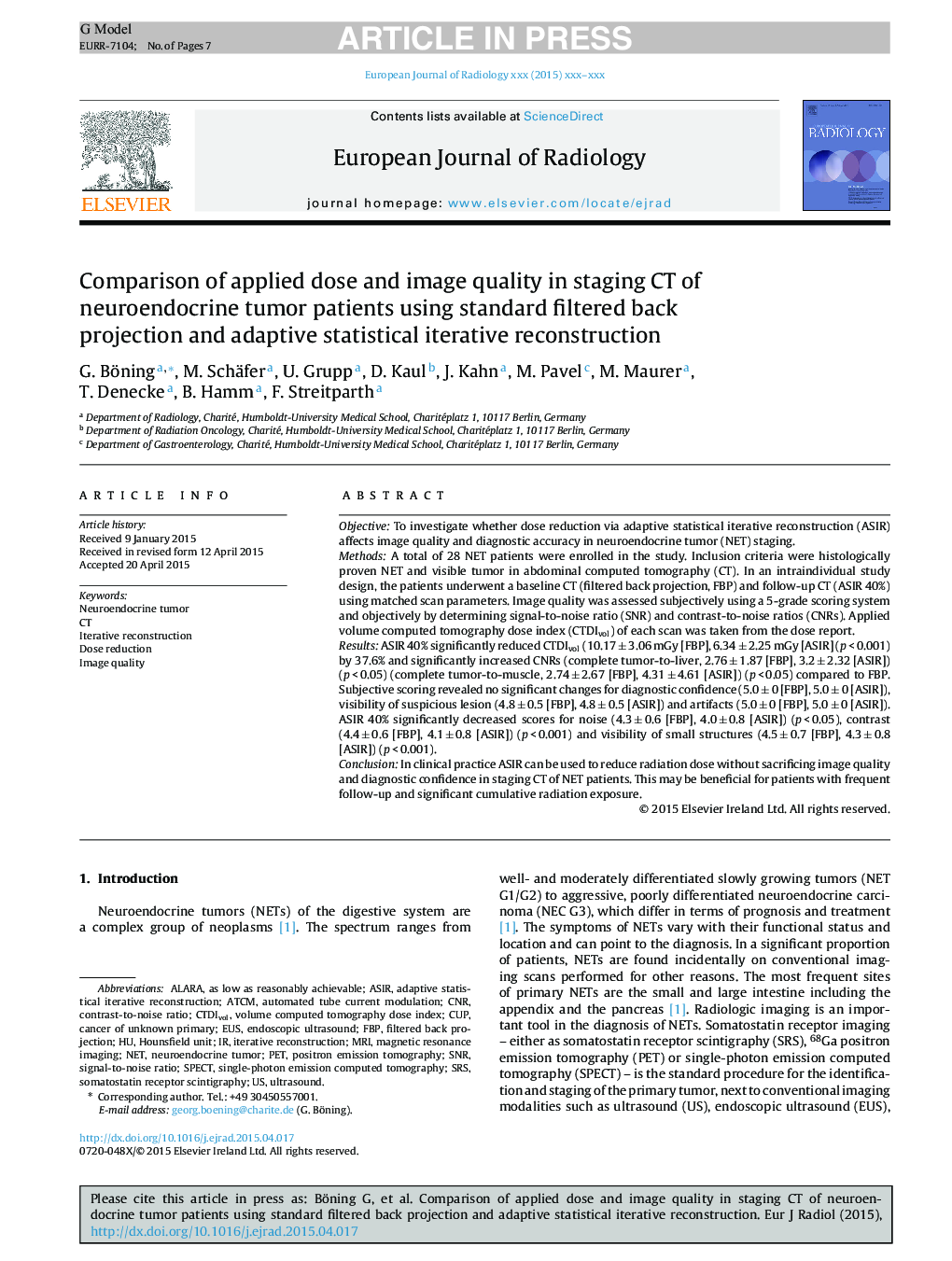 Comparison of applied dose and image quality in staging CT of neuroendocrine tumor patients using standard filtered back projection and adaptive statistical iterative reconstruction