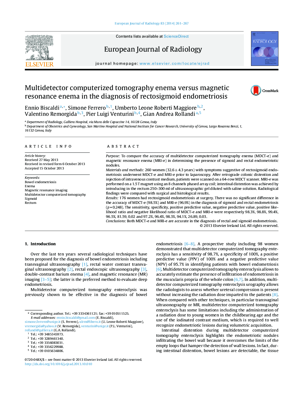 Multidetector computerized tomography enema versus magnetic resonance enema in the diagnosis of rectosigmoid endometriosis